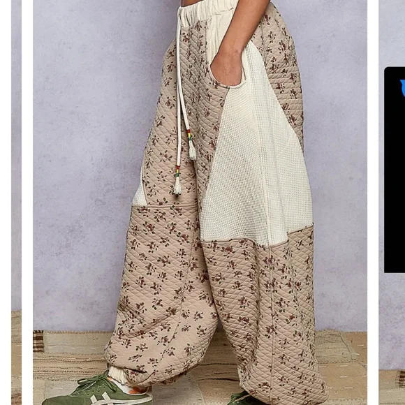 POL Quilted Tan Floral Pants - Picture 1 of 8